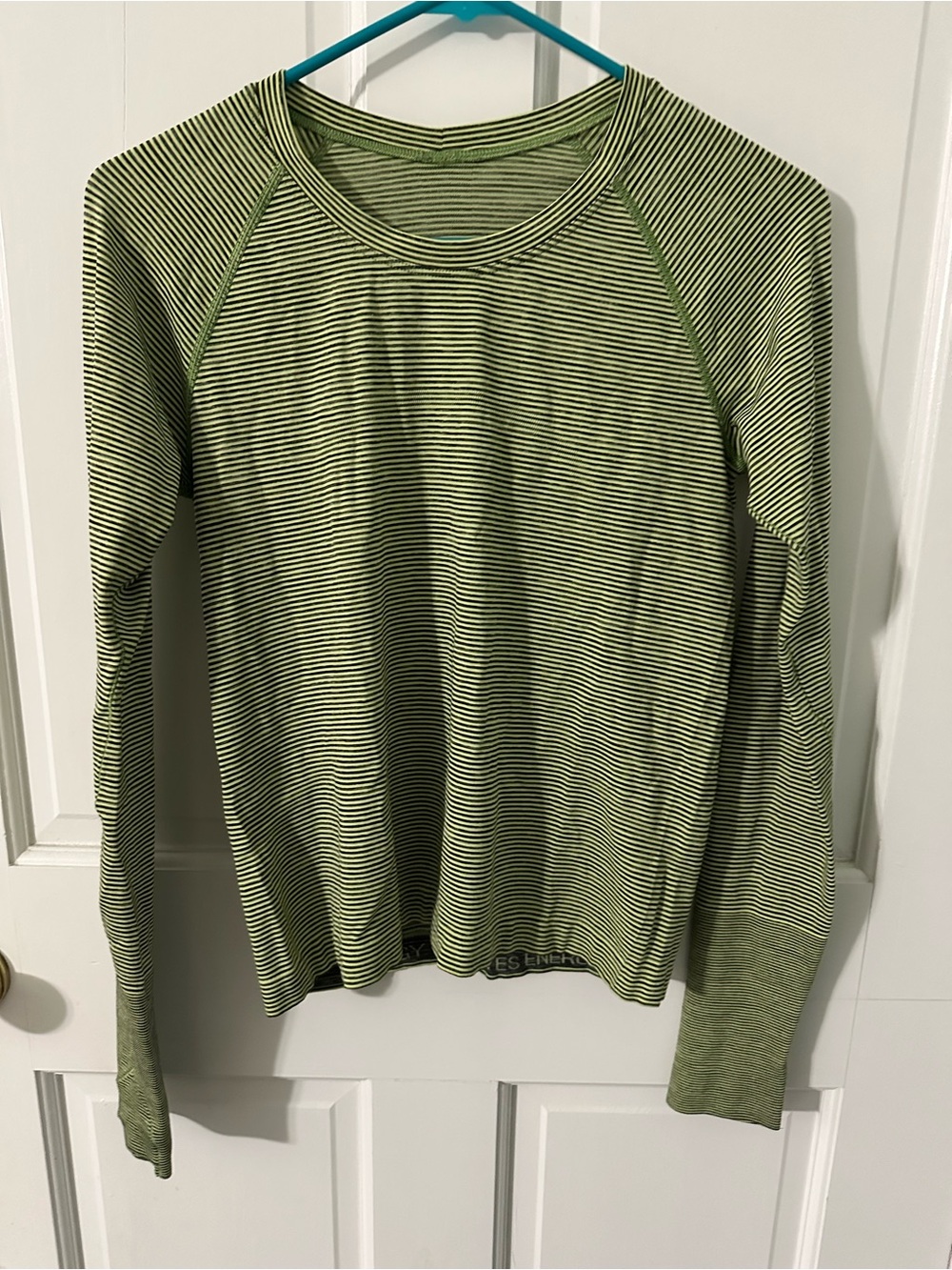 Lululemon Swiftly Tech Waist Length green and black striped long sleeve shirt